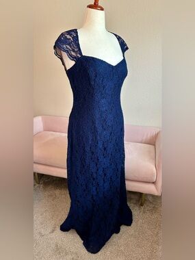 Lauren Ralph Lauren Evening Maxi Dress Blue Lace Overlay Cap Slv Gown Womens 18